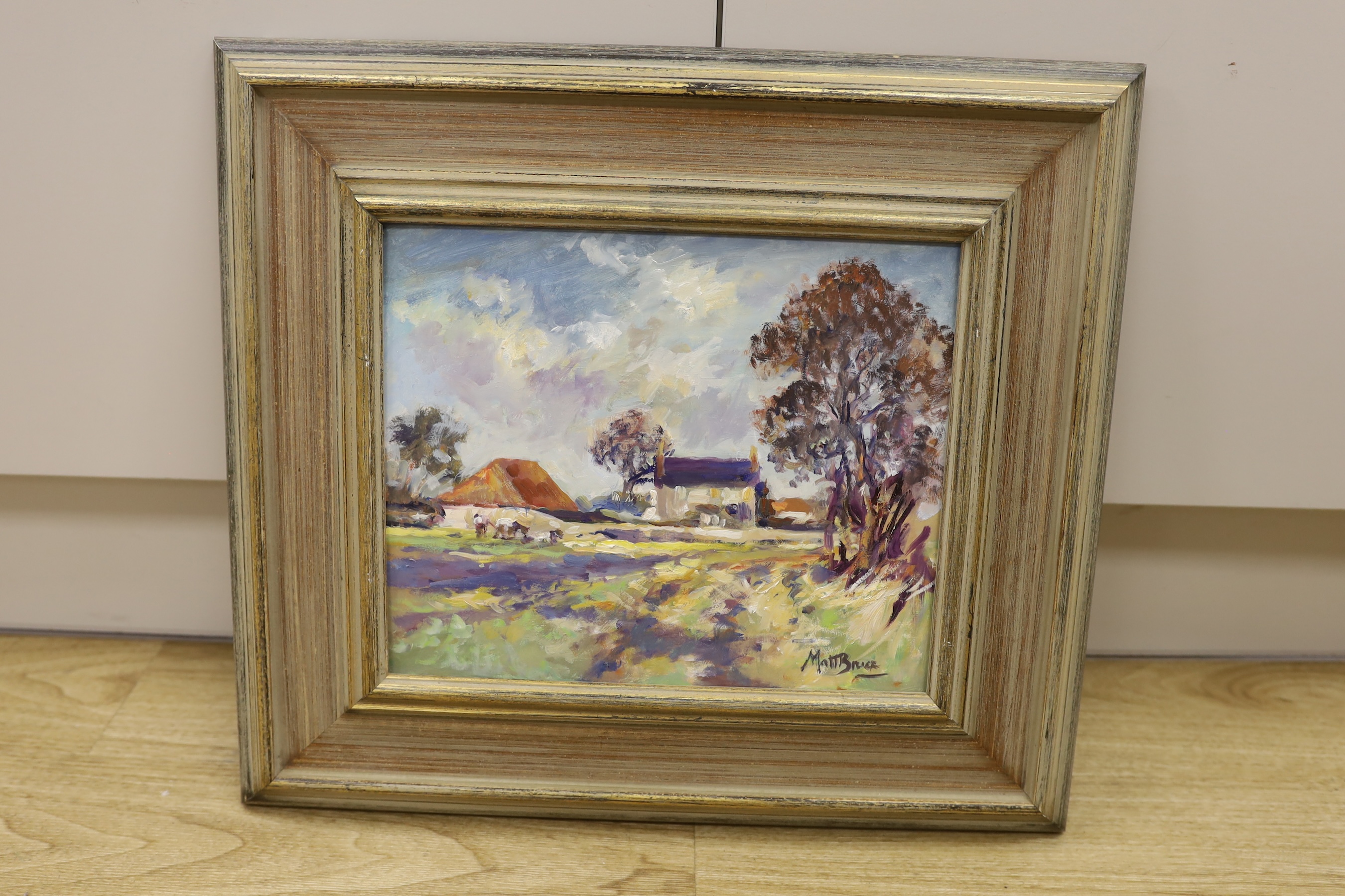 Matt Bruce (1915-2000), Impressionist oil on board, Farm landscape, signed, 24 x 29cm